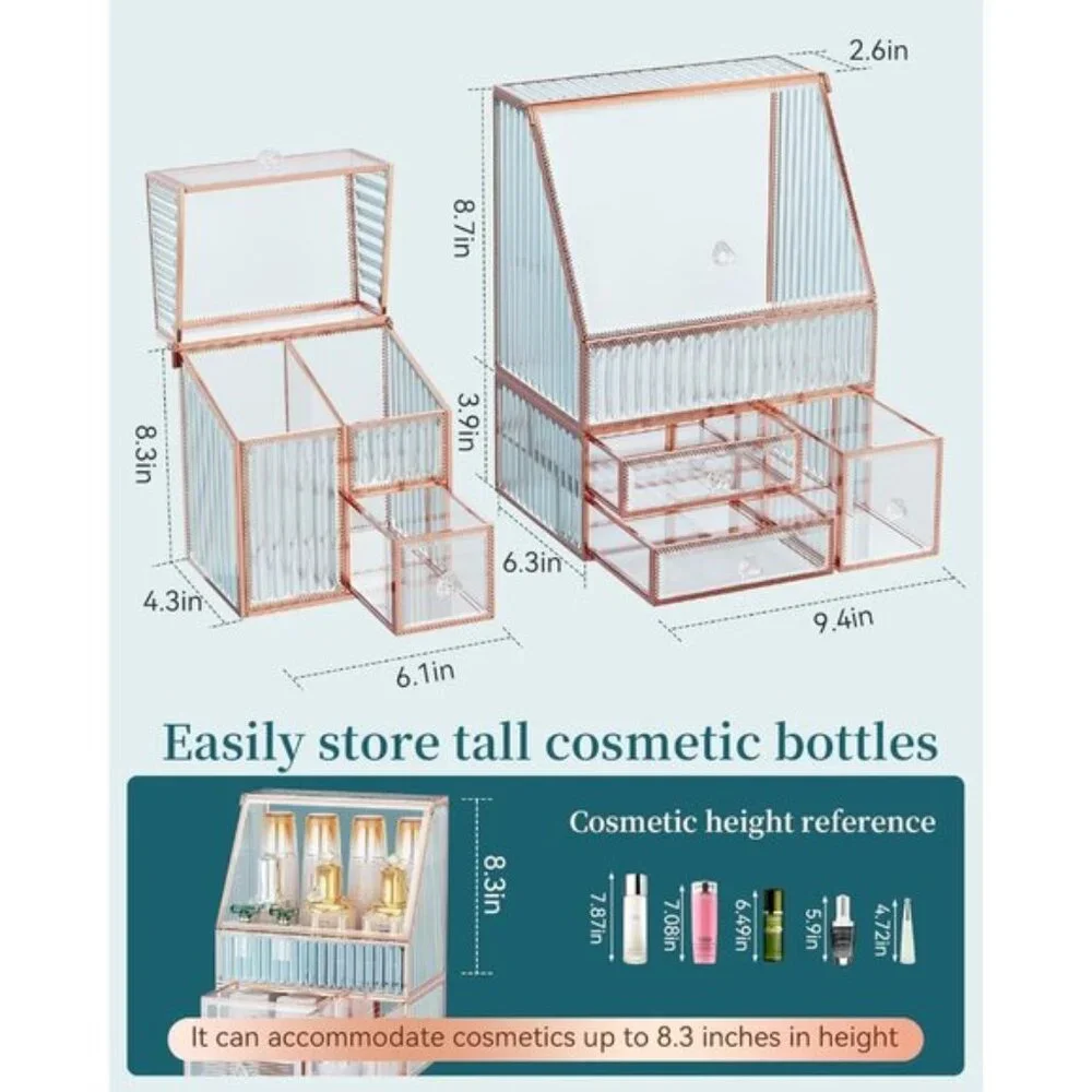 Glass Makeup Organizer, 3-in-1 Vanity Storage for Skincare, Lipstick & Brushes